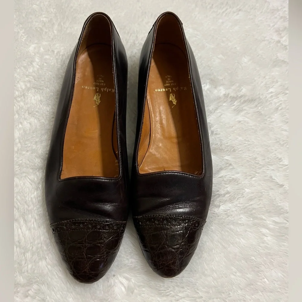 Vintage Ralph Lauren Brown Croc Embossed Flats Loafers Size 7